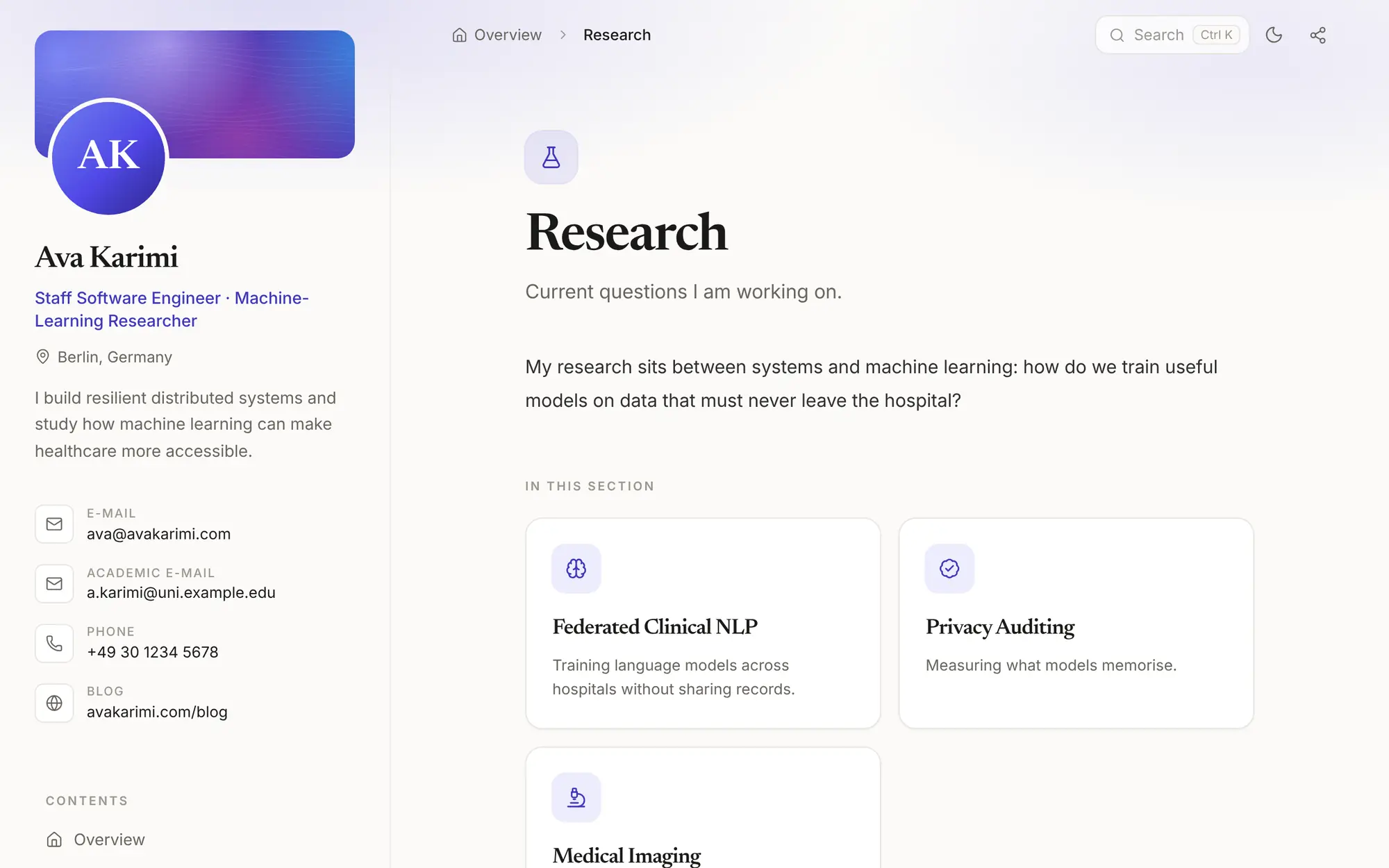 The Research page as cards: Federated Clinical NLP, Privacy Auditing and Medical Imaging.
