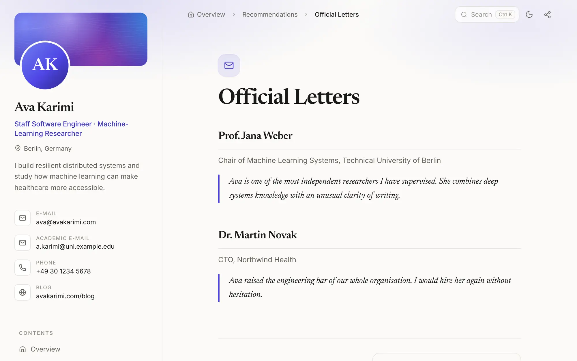 Recommendation letters from two referees shown as one continuous document.