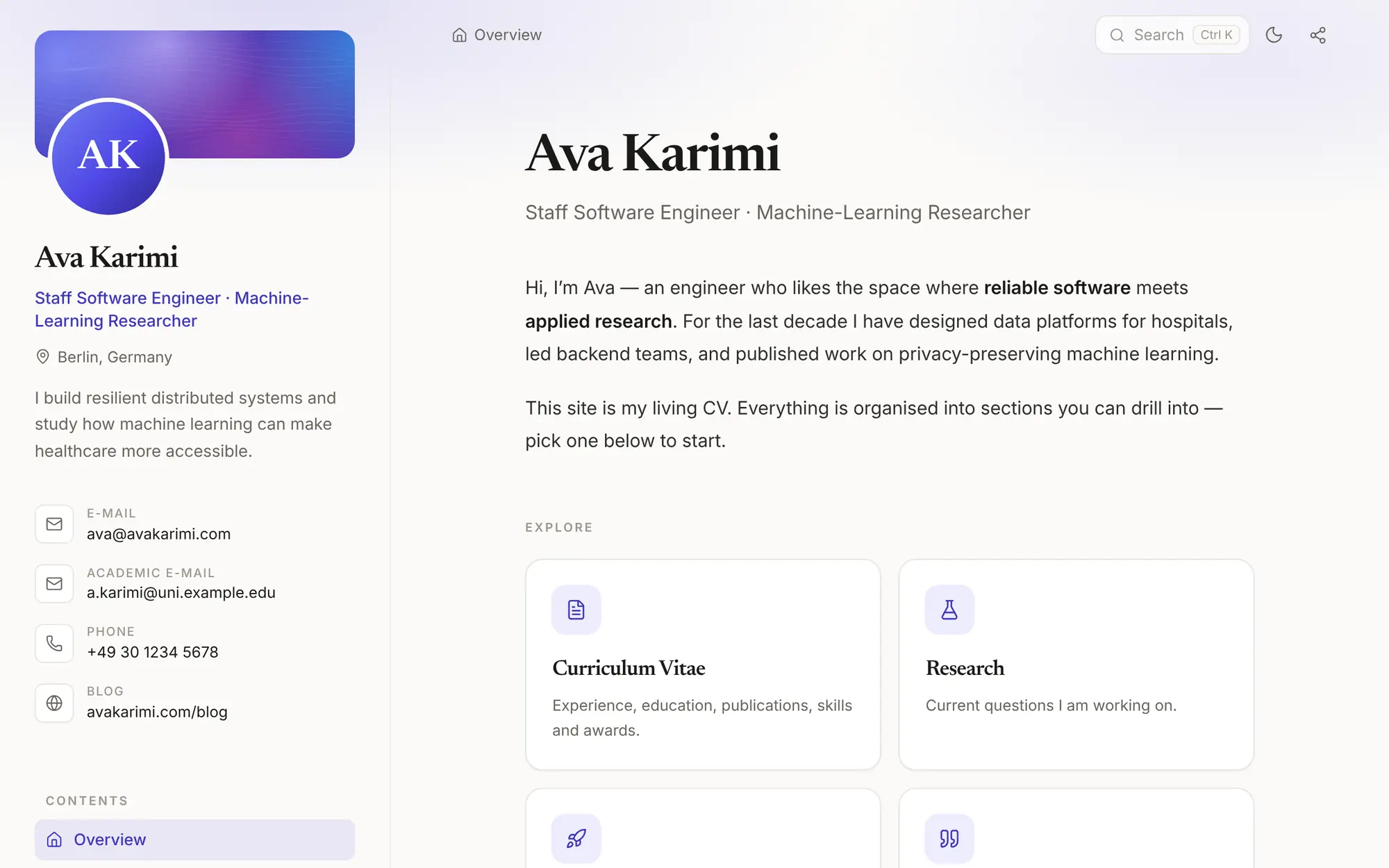 The home page of Ava Karimi's CV website: a banner and photo, her headline, contact details with ava@avakarimi.com, and cards for each part of her CV.