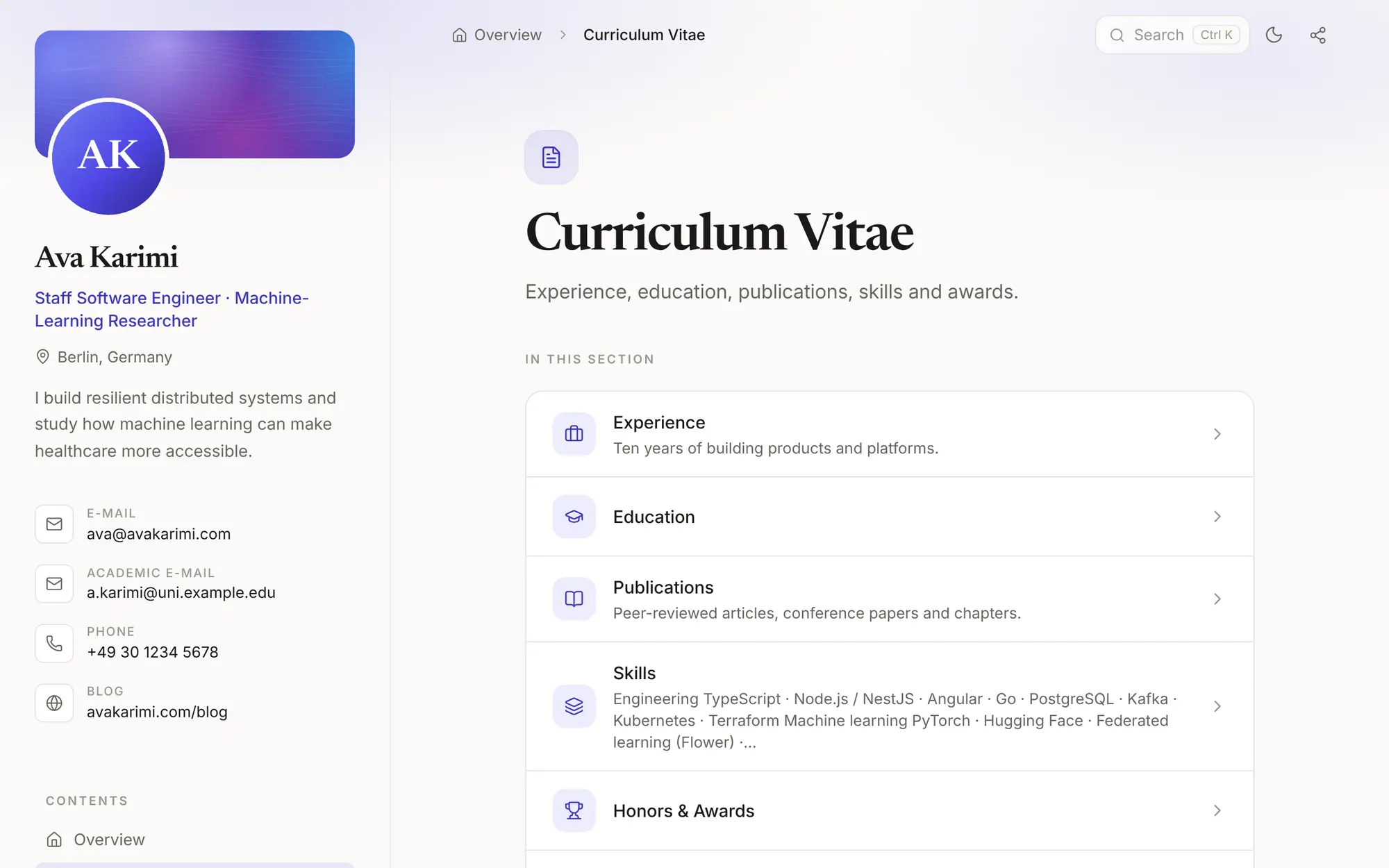 The Curriculum Vitae page as a list: Experience, Education, Publications, Skills, and Honors and Awards.