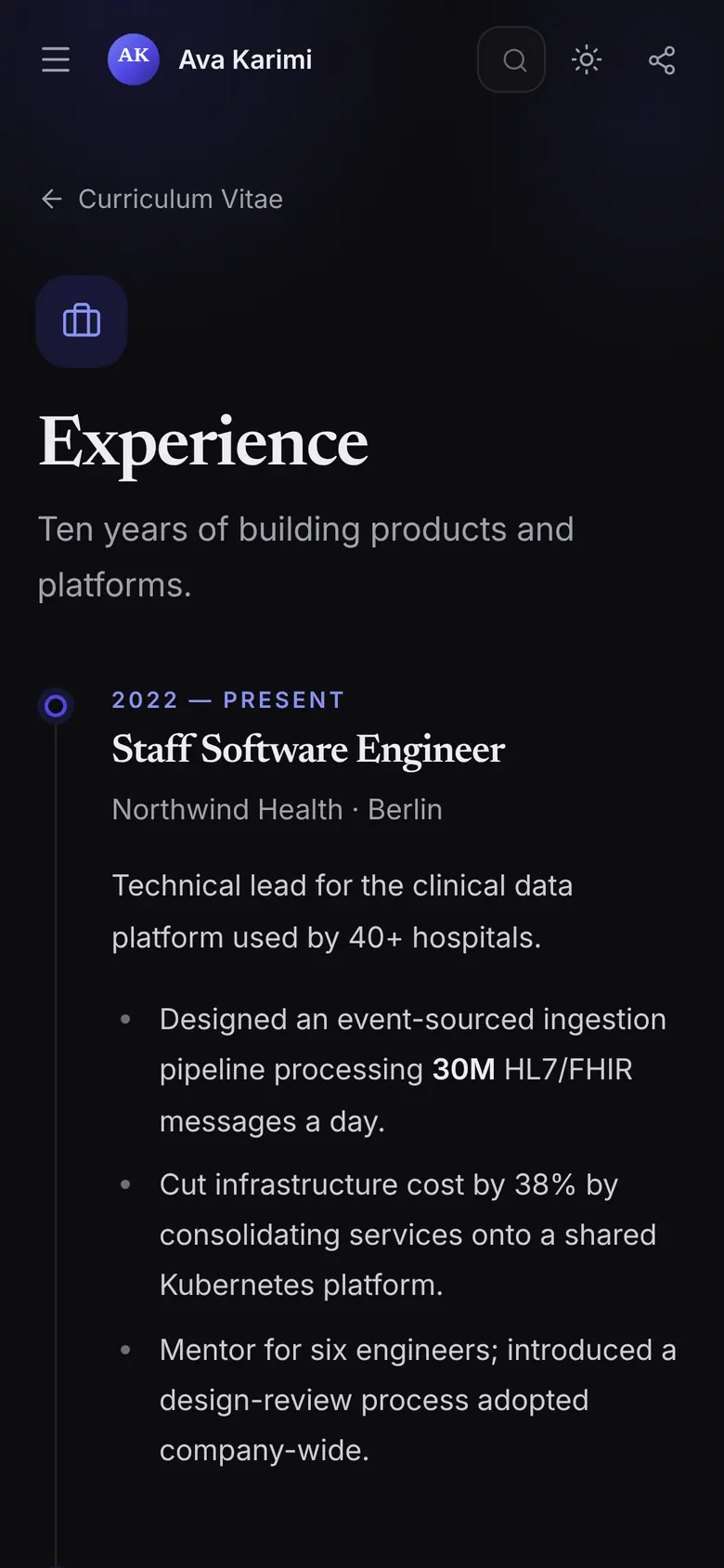 Experience timeline on a phone in dark mode.