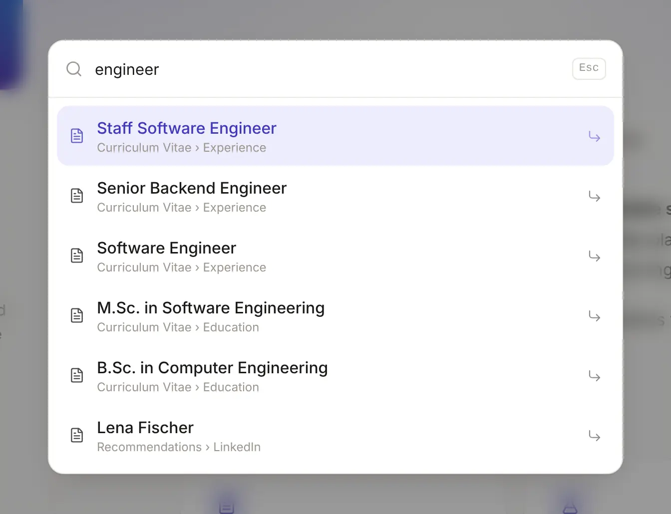 Search results for the word engineer, listing five roles and degrees.