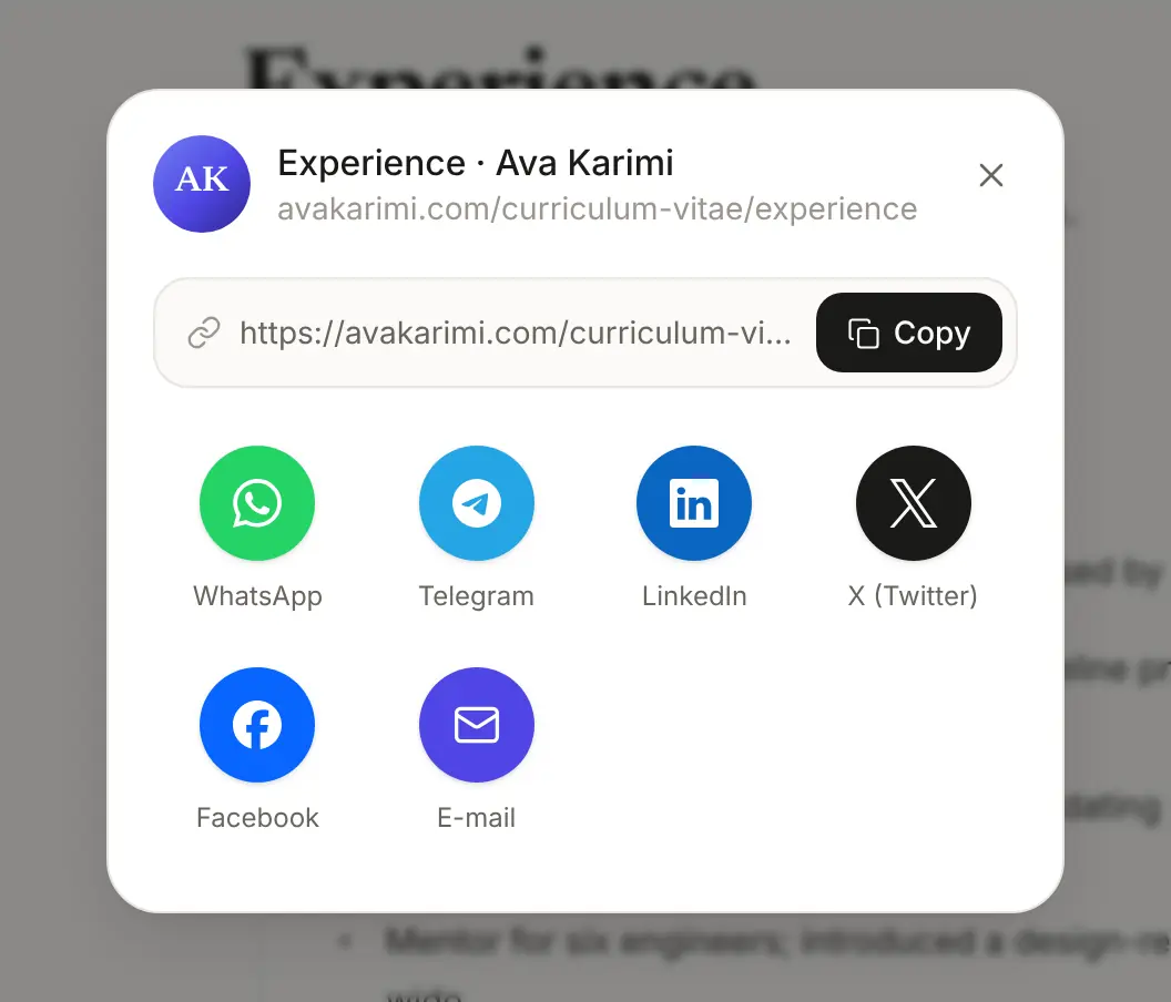 A share sheet with a copy-link button and WhatsApp, Telegram, LinkedIn, X, Facebook and email.