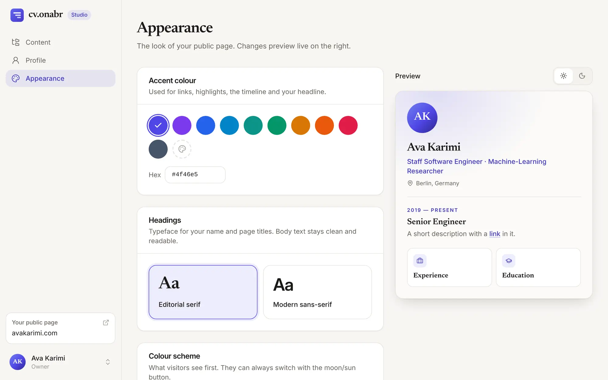 The studio Appearance page: accent colour swatches, two heading styles and a live preview of the profile.