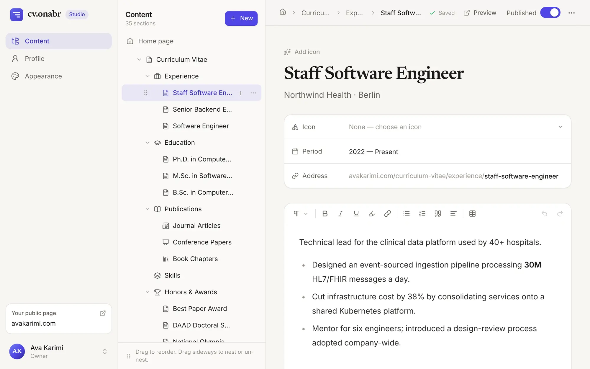 The studio editor: a tree of CV sections, and the Staff Software Engineer page open with its period and bullet points.