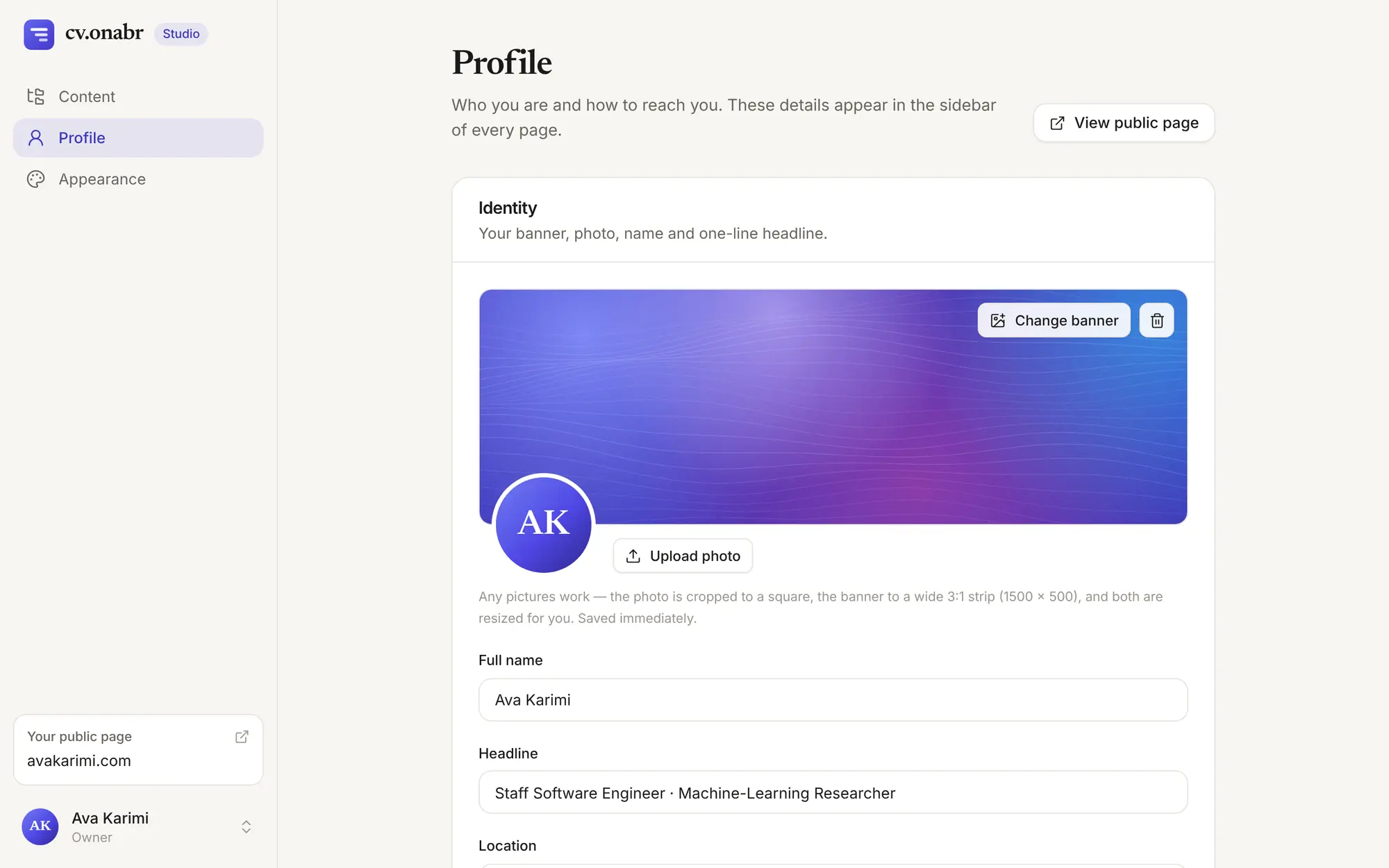 The studio Profile page with the banner, photo, name and headline fields.