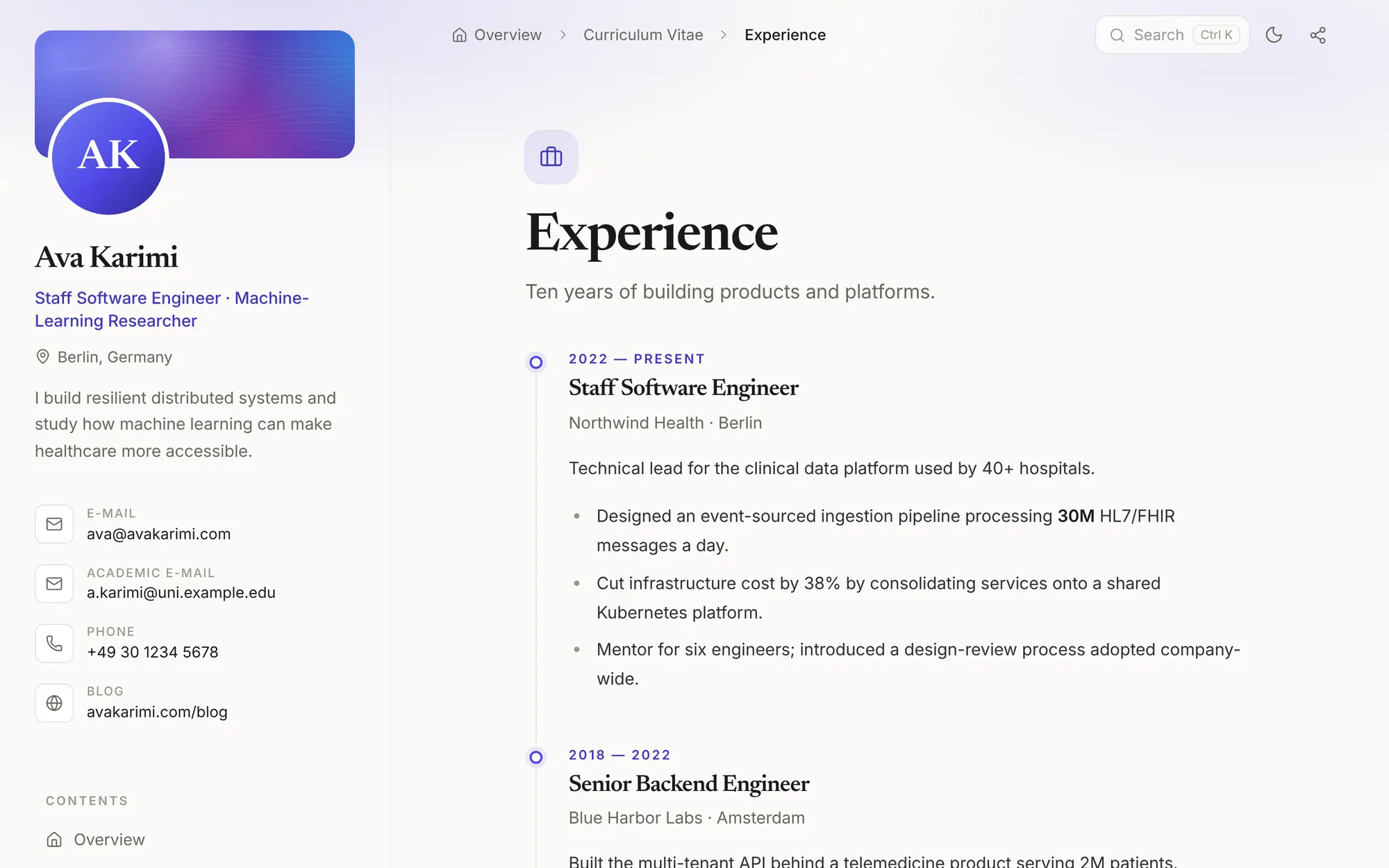 The Experience page as a timeline: three roles with dates, employers and achievements.